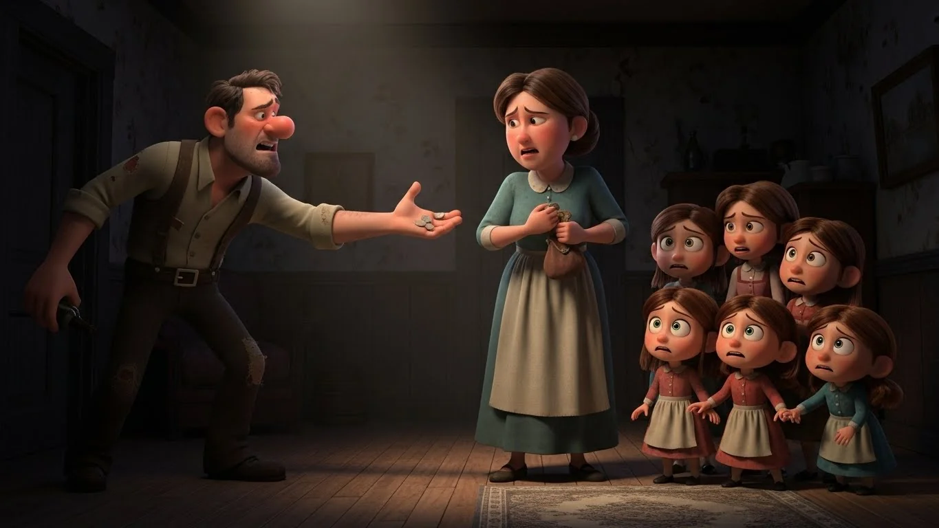 குடிபோதையில் இருந்த பிரமோத், மாதவியைத் தாக்கி, அவளுடைய உழைத்த பணத்தைப் பறிக்க முயல்கிறான். பயத்தில் ஒடுங்கி நிற்கும் மகள்கள்.