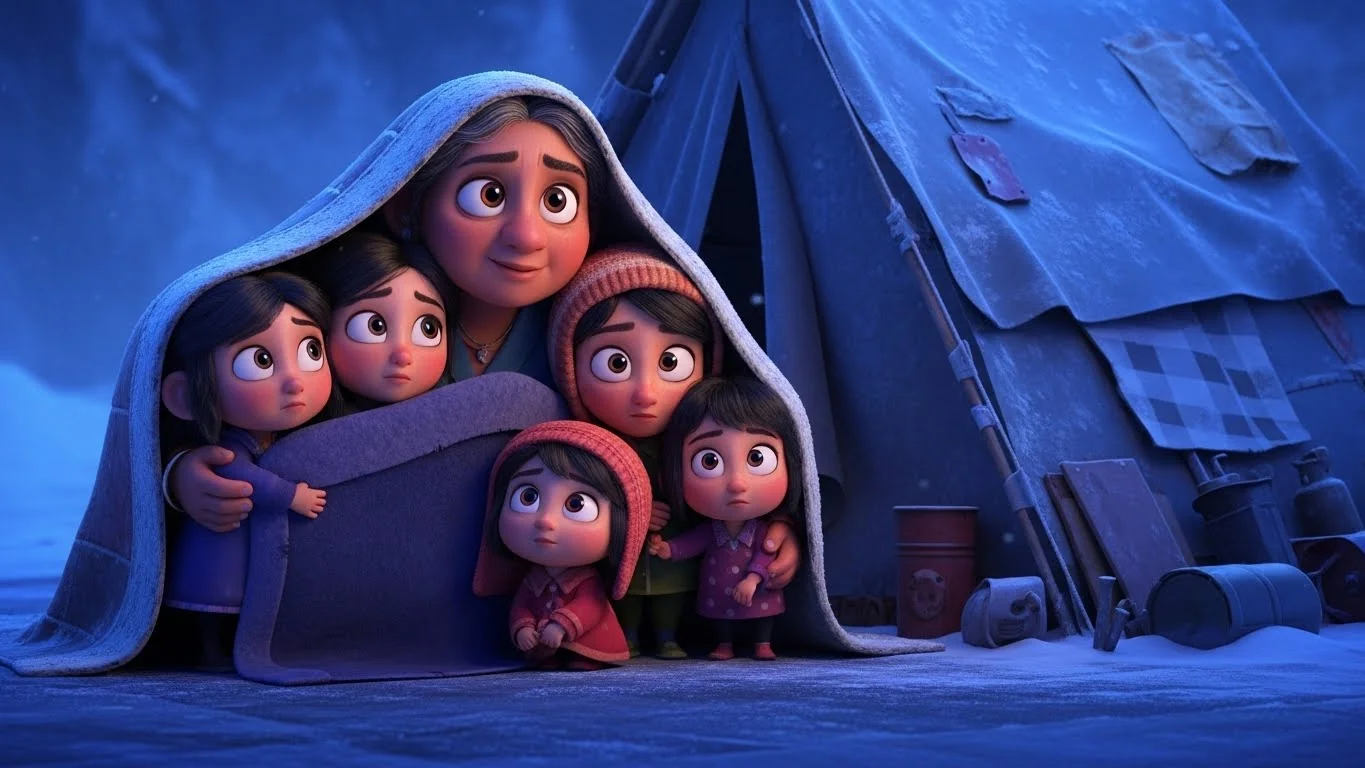 பனிப்புயலால் வீடு இடிந்த பிறகு, மாதவியும் அவளுடைய 16 மகள்களும் ஒரே போர்வையின் கீழ் சாலையில் கூடுகின்றனர். குப்பையிலிருந்து கிடைத்த தார்ப்பாயால் தற்காலிக கூடாரம் அமைக்கிறார்கள்.