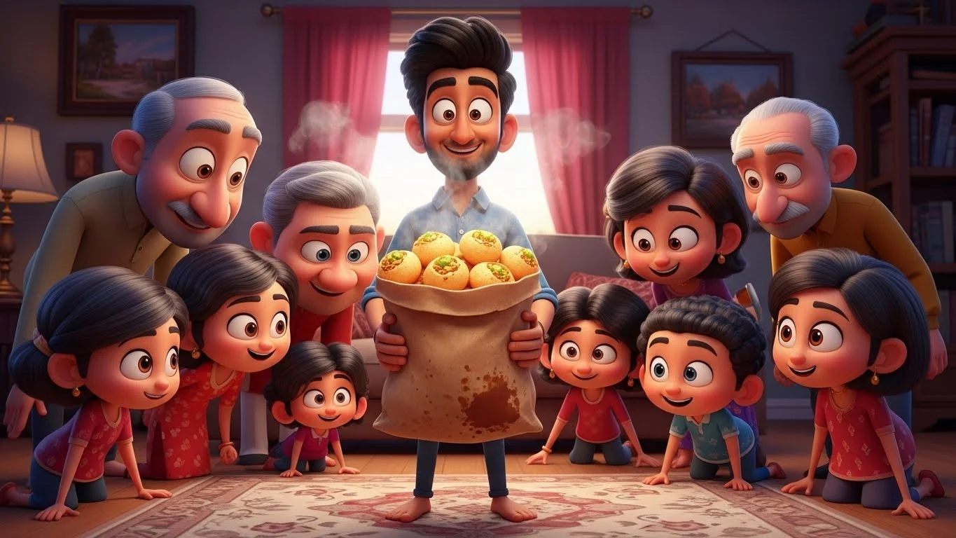 சட்னி ஆலு பூரி வாசனையால் குடும்பம் மகிழ்ச்சி அடைகிறது.