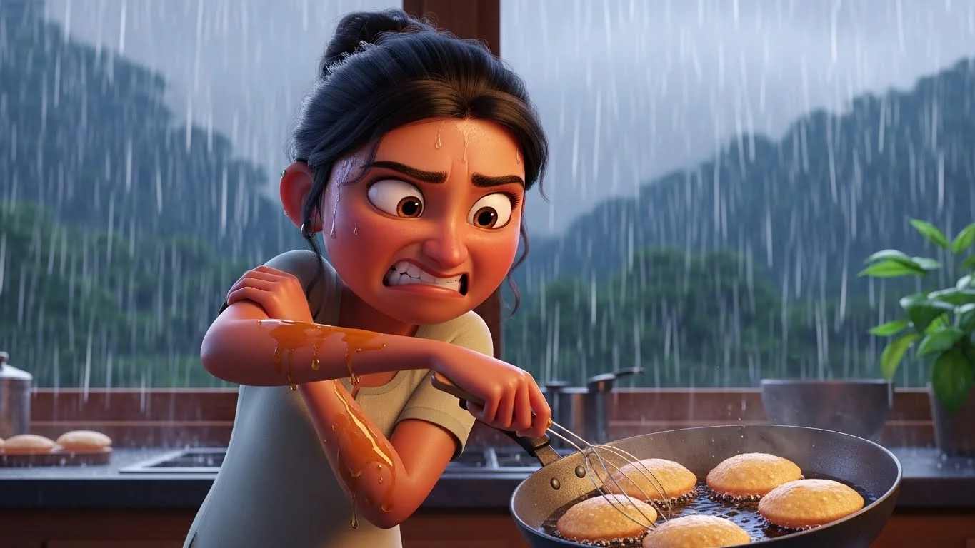 மழையில் விருப்பமான பூரி செய்ய போராடும் மருமகள்.