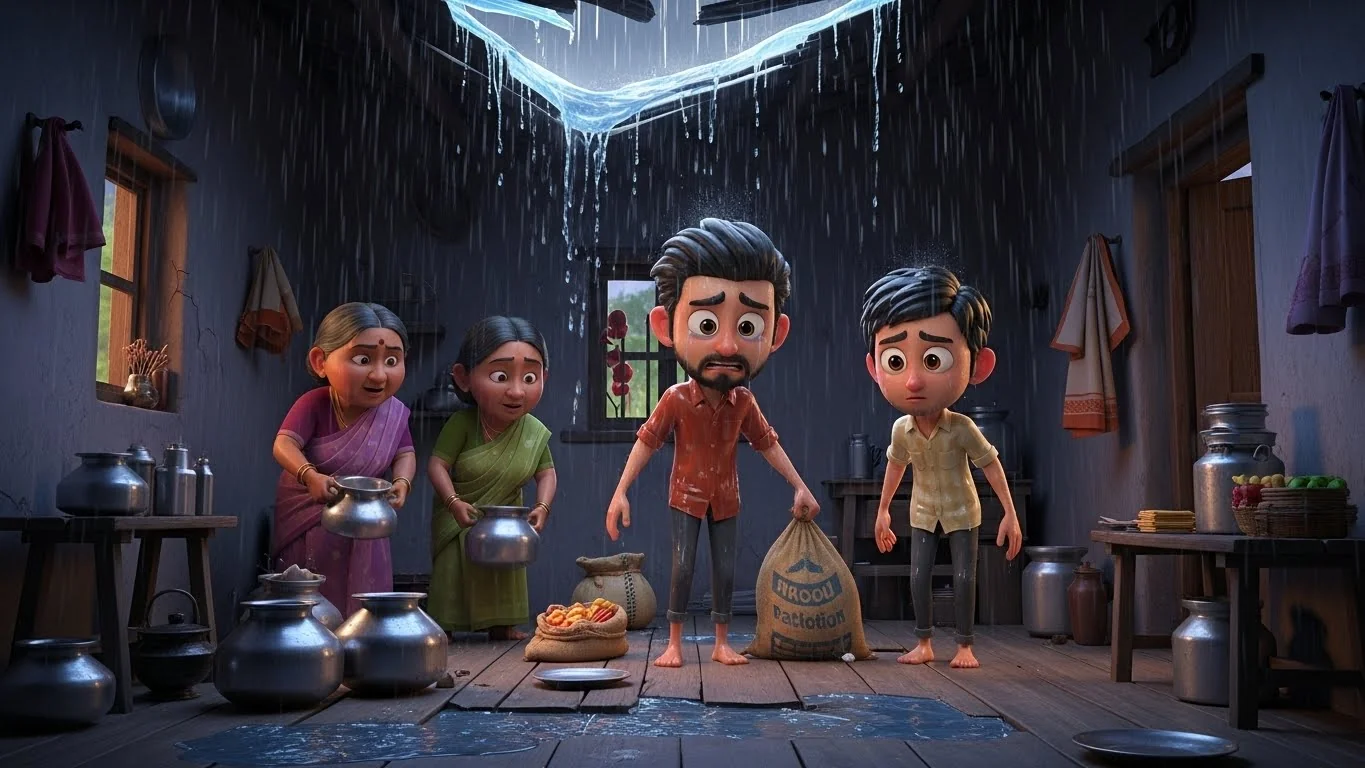 ஓட்டைக் கூரை வீடு, உணவுக்காக கணவன்மாரின் உறுதி.