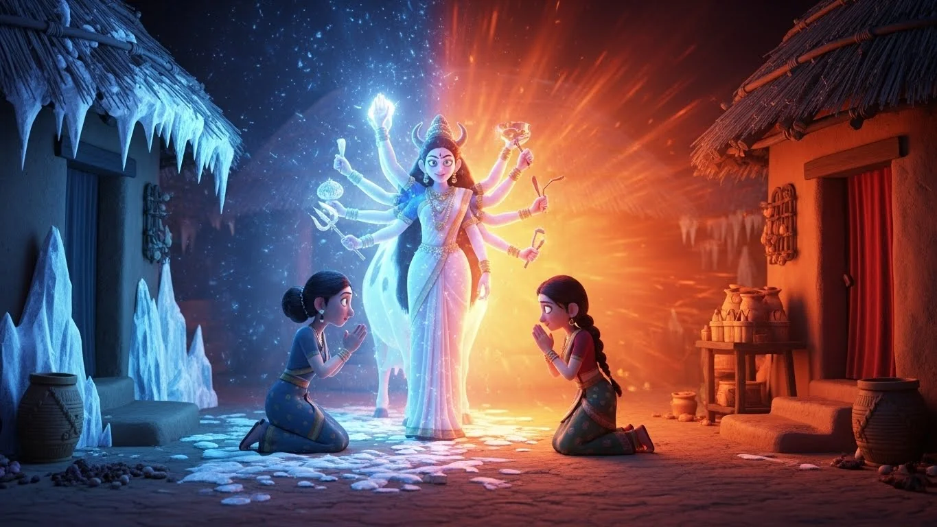 பசுவாக வந்த பார்வதி தேவி, கிராமத்தை இரண்டாகப் பிரிக்கும் வரத்தை வழங்குதல்.