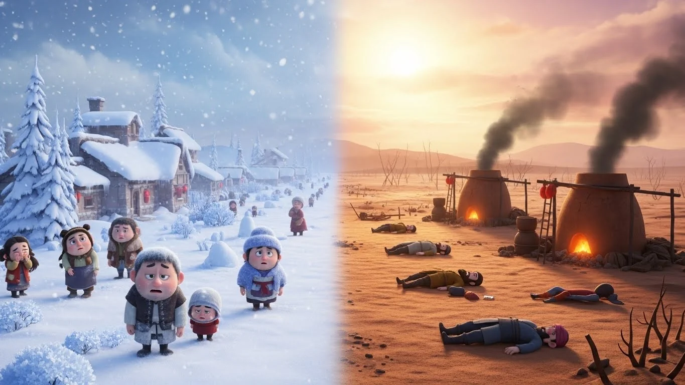 வரத்திற்குப் பின், கிராமத்தின் ஒருபுறம் கடுமையான பனி, மறுபுறம் வறண்ட வெப்பம்.