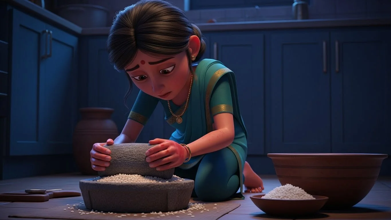 இரவு நேரத்தில் சாக்ஷி அம்மிக்கல்லில் அரிசியை அரைக்கும் காட்சி: சோர்வு மற்றும் வலி.