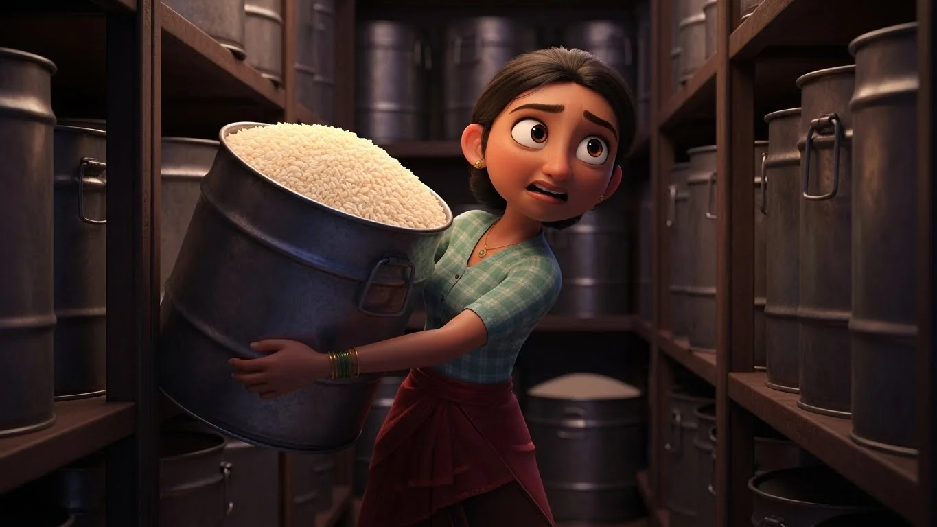 பக்கோடா தொல்லையை நிறுத்த சாக்ஷி அரிசி டப்பாவை ஸ்டோர் ரூமில் மறைக்கிறாள்.