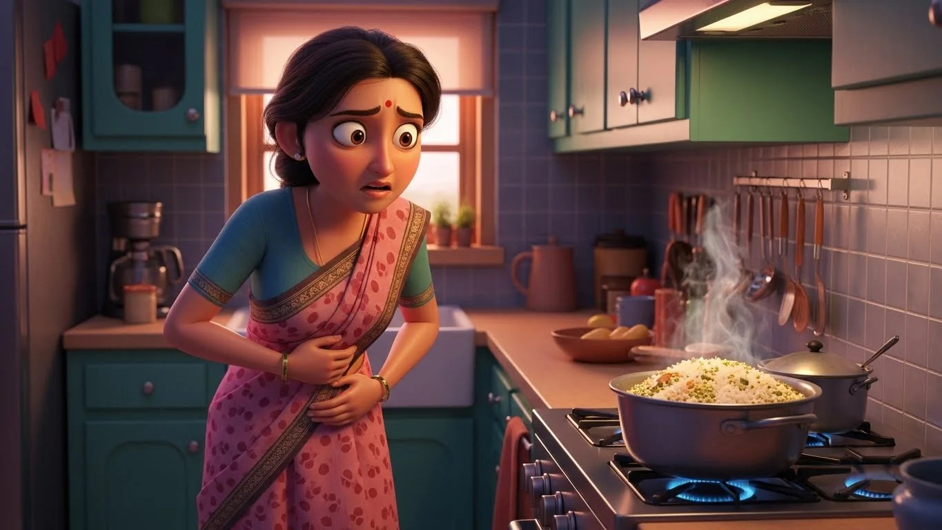 அடிக்கடி அரிசி சமைக்கும் சவாலில், தன் நோயை மறைக்கப் போராடும் புது மருமகள்.