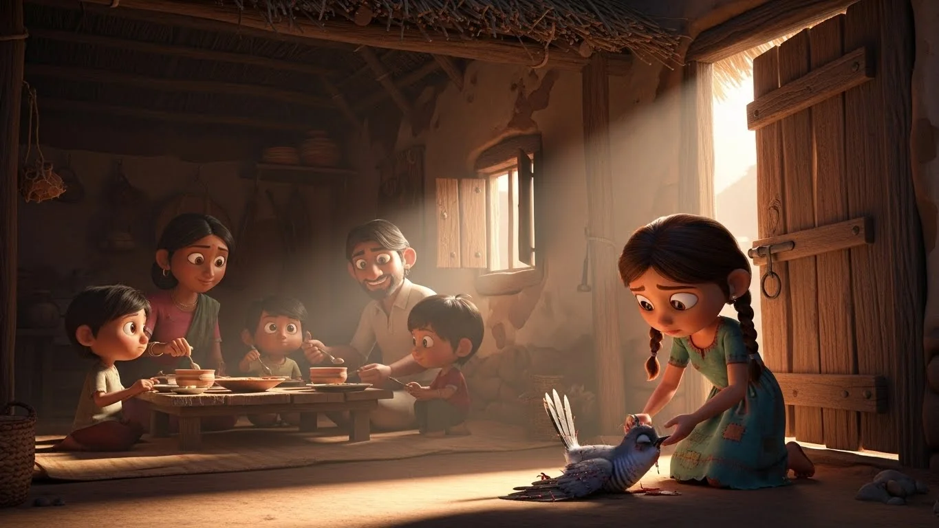 காயமடைந்த பறவைக்கு ஆறுதல் அளிக்கும் ஏழைப் பாட்டி.