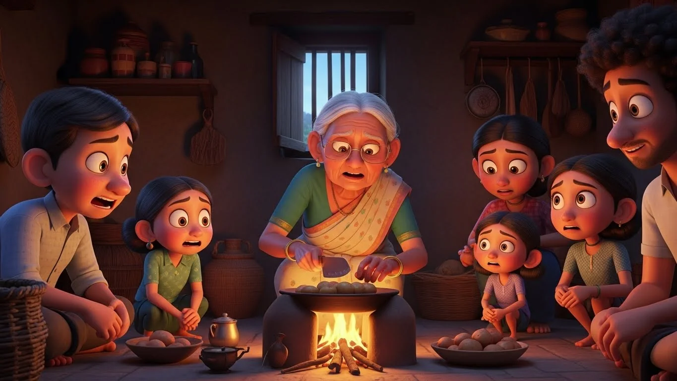 குடும்பம் பல நாட்களுக்குப் பிறகு அரை கிலோ உருளைக்கிழங்கை எதிர்பார்த்து கூலியில் சமையல் செய்கிறது.