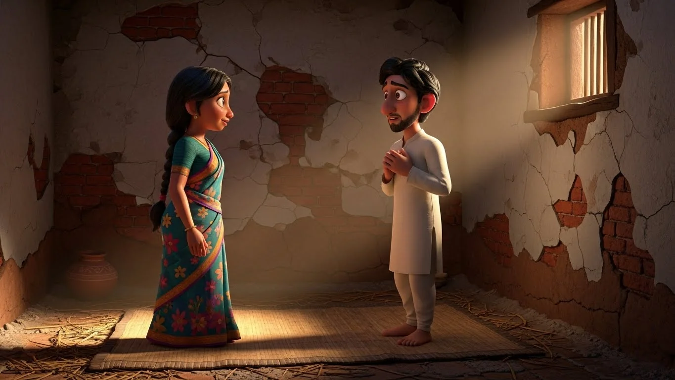 உடைந்த சுவர்கள் கொண்ட ஏழையின் வீடு; அன்பால் ஆறுதல் தரும் கணவன் கிஷன்.