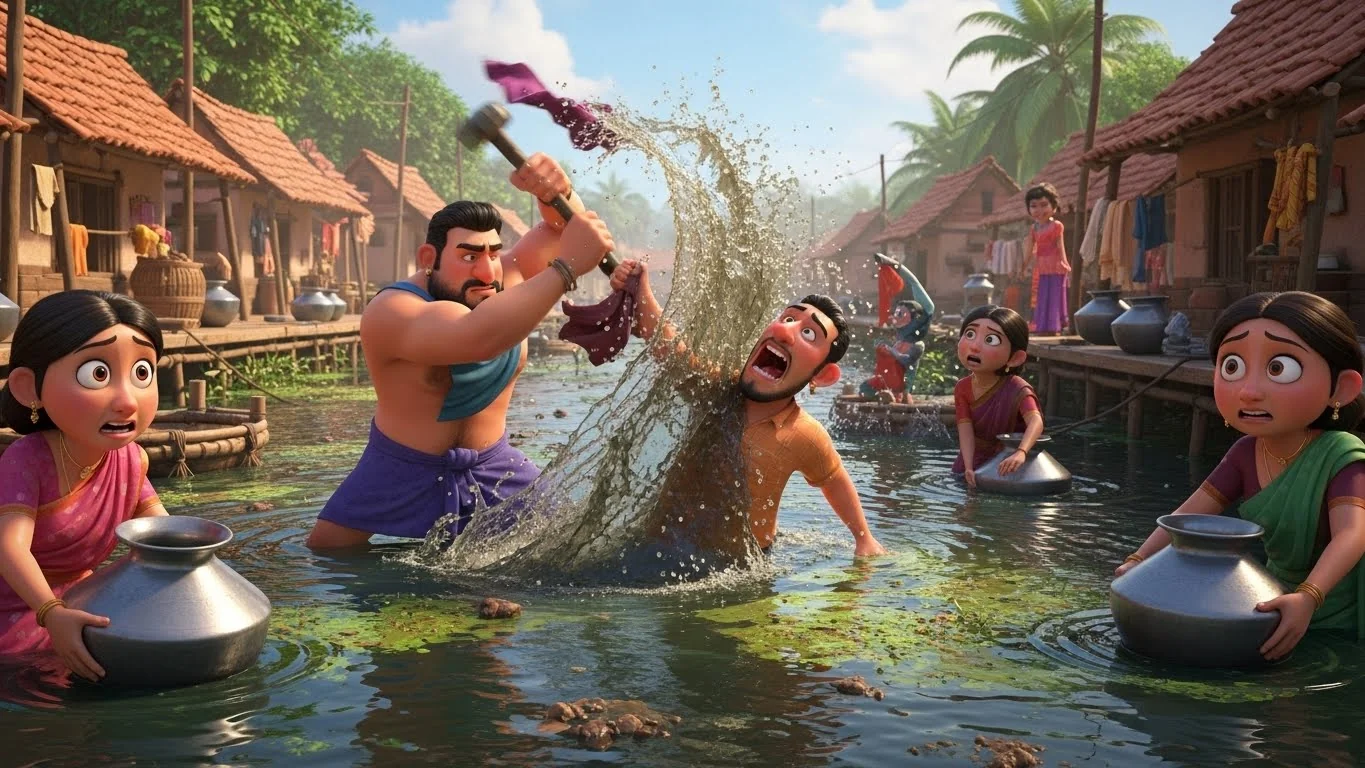 சண்டையும் மாசுபாடும் நிறைந்த கிராமத்து குளம்.