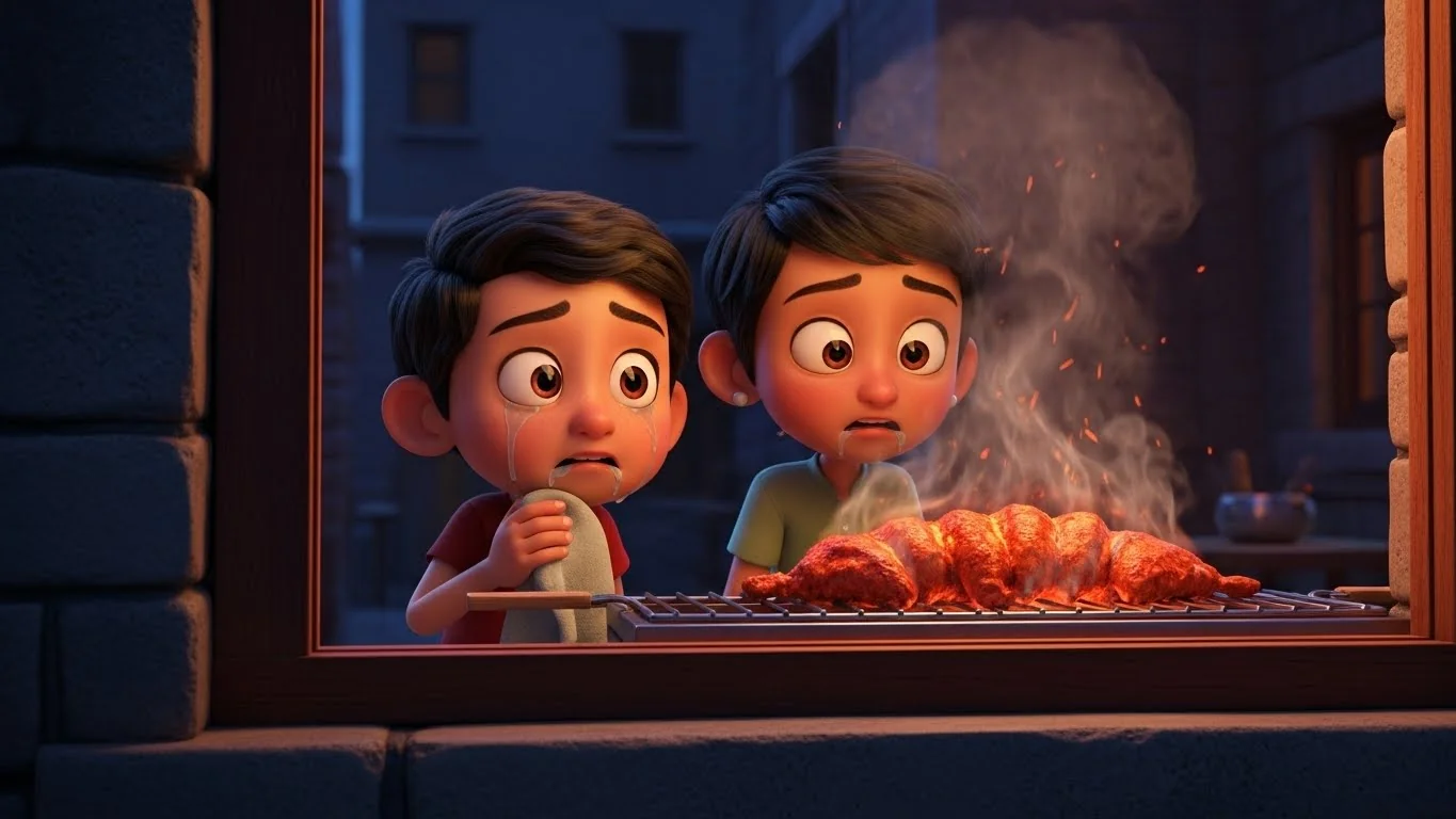 உணவக வாசலில் சிக்கன் ஆசைப்படும் குழந்தைகள்.