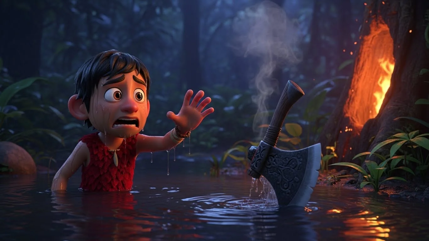 இருள் சூழ்ந்த நதிக்கரையில், தனது ஒரே வாழ்வாதாரமான கோடாலி ஆற்றில் மூழ்கியதால் அழுது புலம்பும் சந்திரன்.