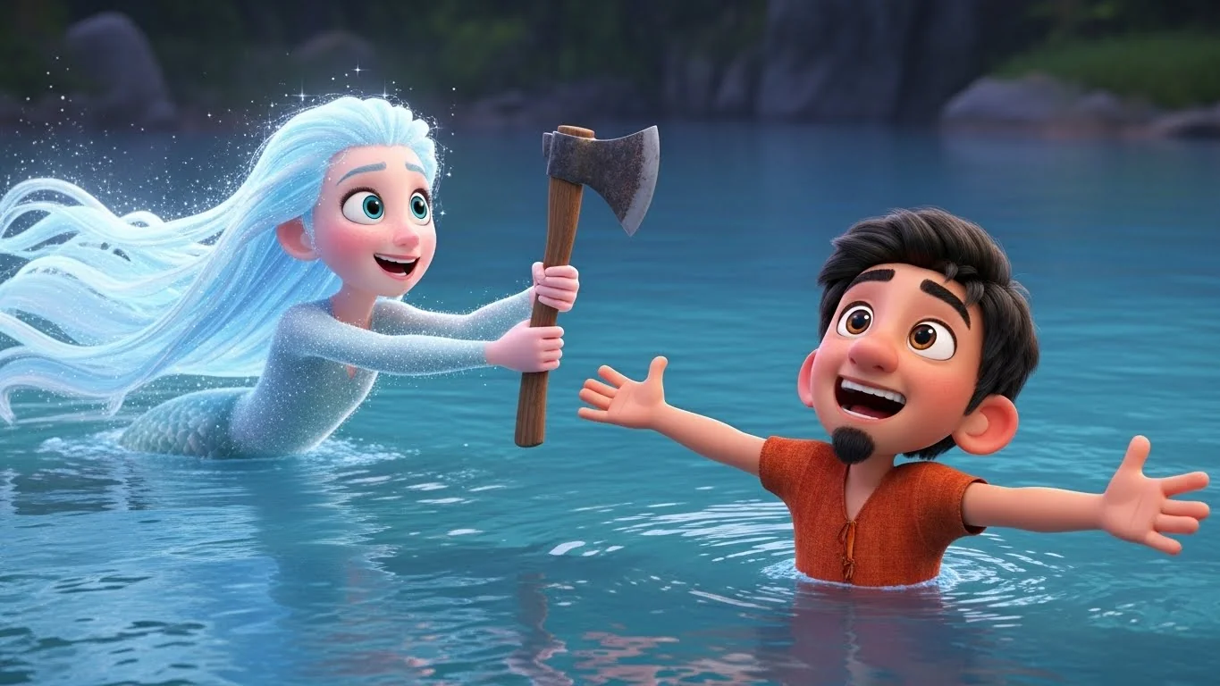 நேர்மைக்காக வெகுமதி: தங்கக் கோடாலியை மறுத்து, தனது பழைய மரக் கோடாலியைப் பெற்று மகிழும் சந்திரன்.