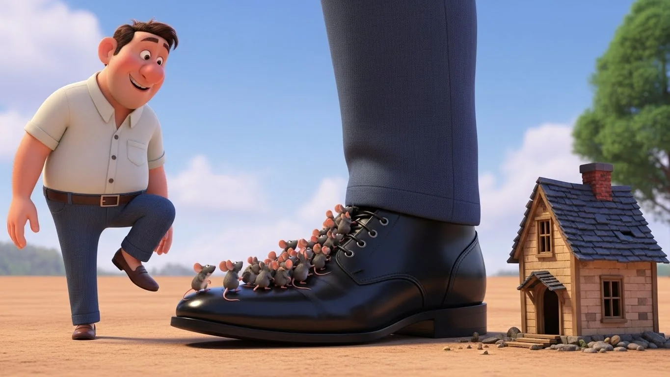 The giant gives up his smart shoe, which becomes a perfect new house for a family of displaced mice.