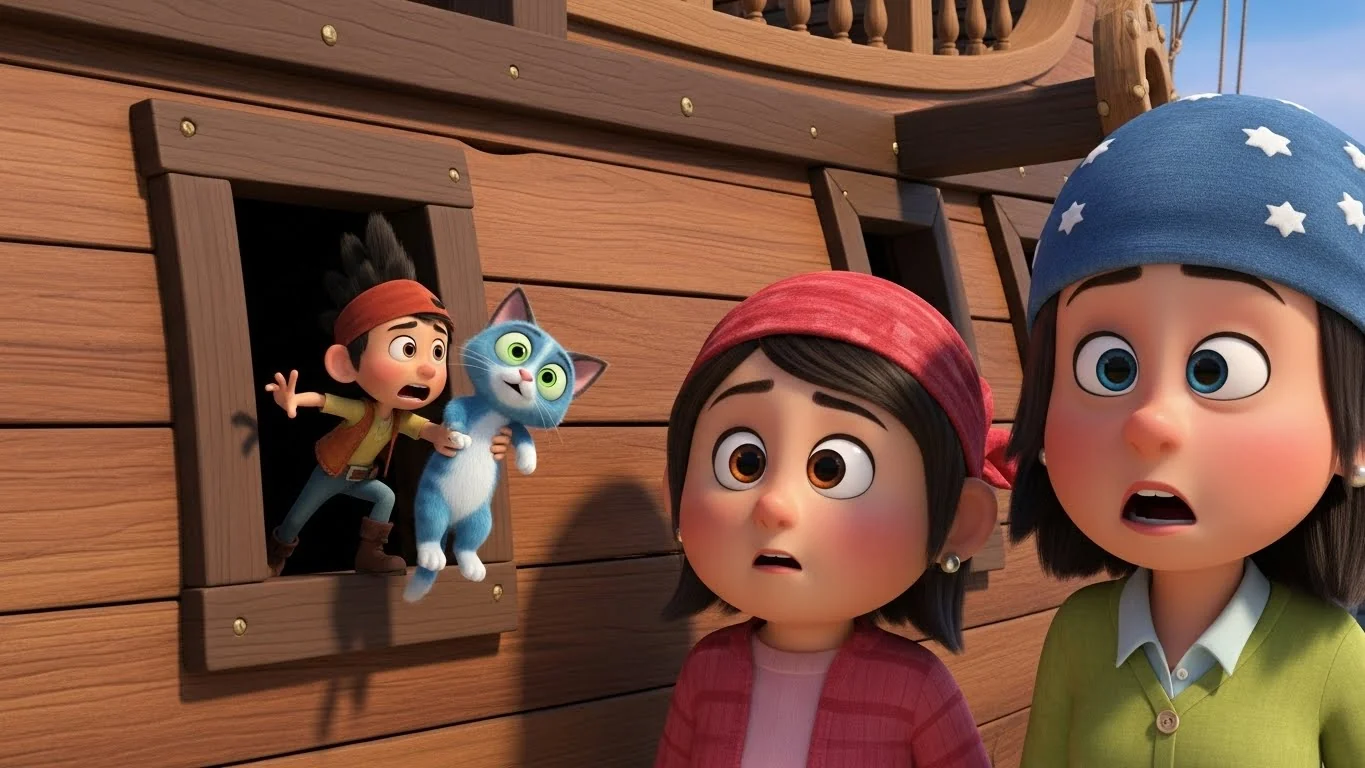 Milo, now feeling brave and happy, rushes into the pirate ship movie set to rescue his lost cat, Pickles.