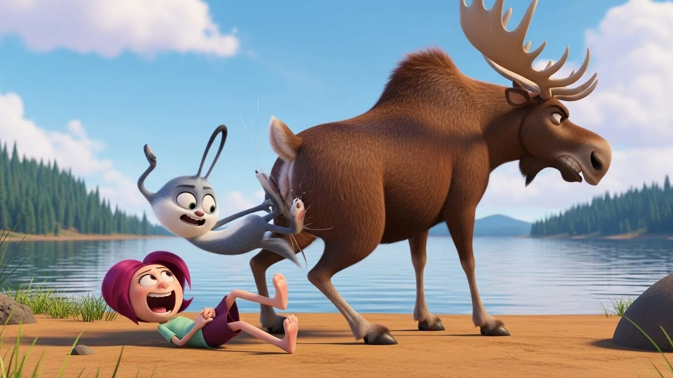 Albi's attempt at a dramatic lake dive is ruined when he crashes straight into the bottom of an unsuspecting moose.