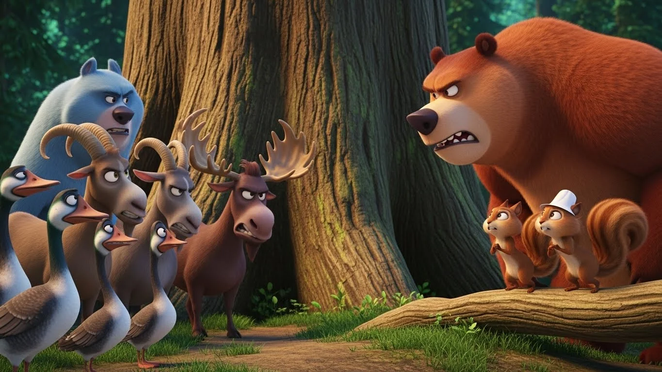 The entire forest's animal population forms an angry mob at the squirrel family tree to demand apologies for Albi and Louie's chaos.