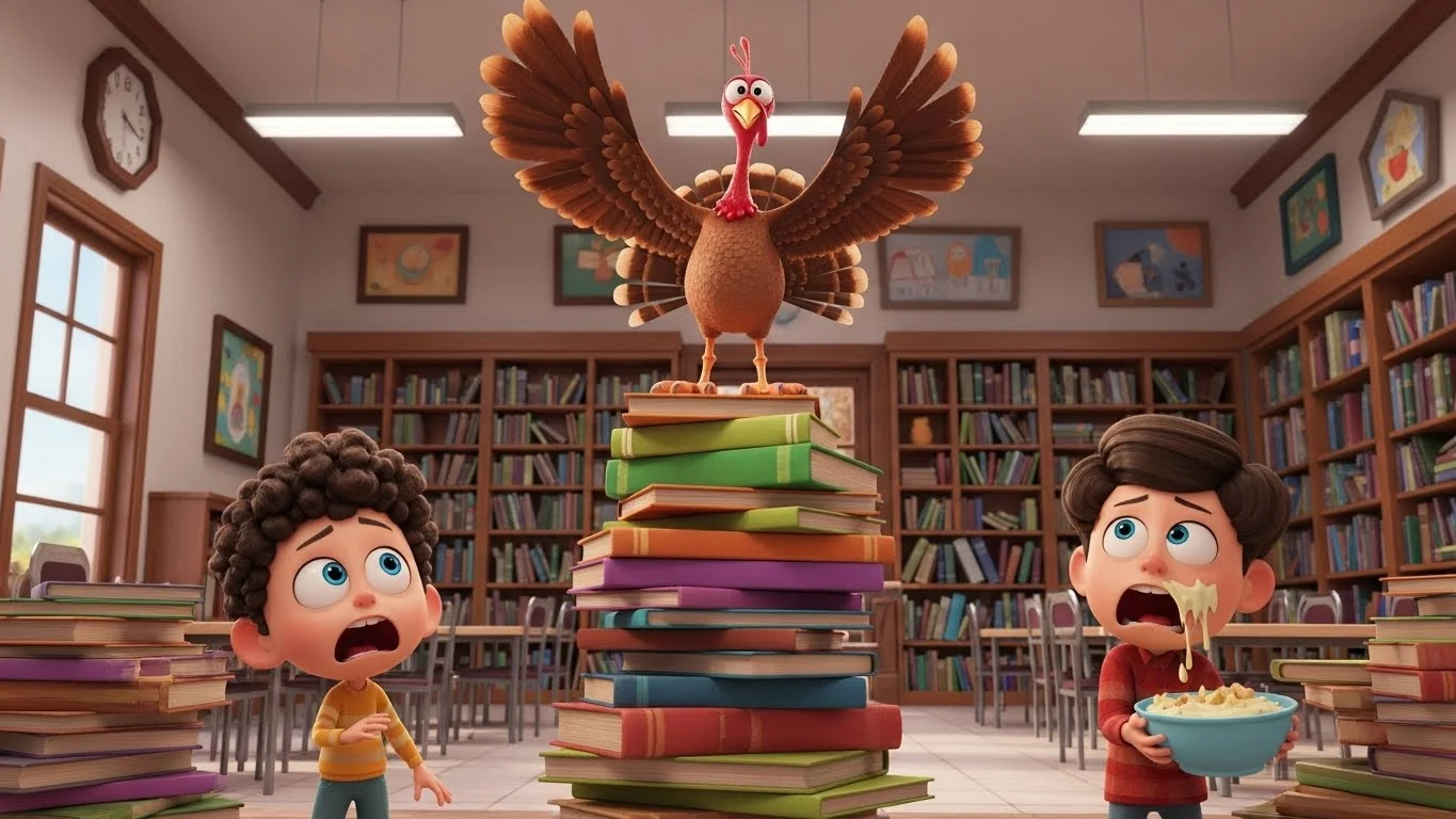 Defying catapults and sticky mashed potatoes, the nimble turkey leaps clean over a massive barrier of books.