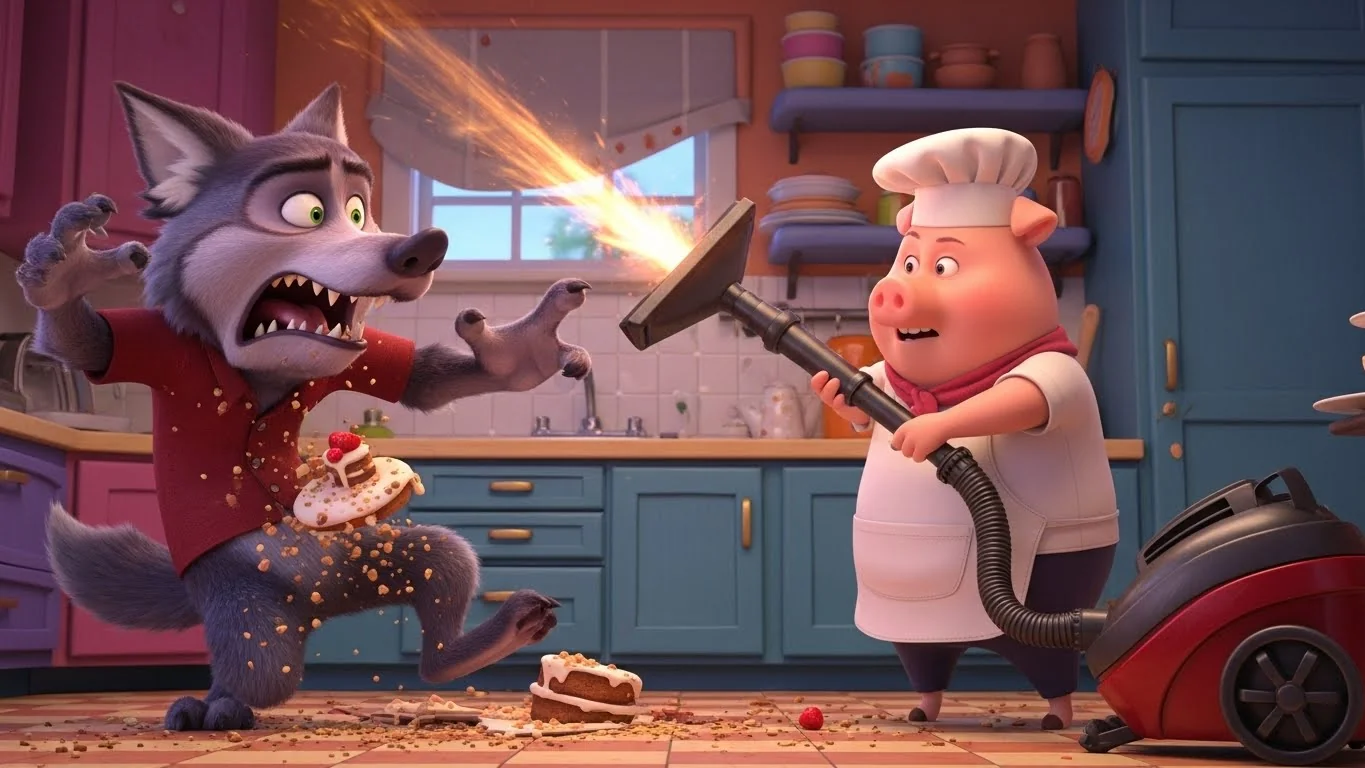 Vroom, zoom! The tables have turned as the pigs use the magic vacuum cleaner to capture the Big Bad Wolf.