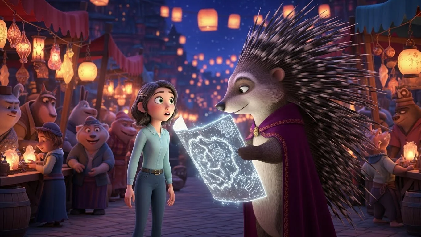 A porcupine hands Rachel a starlight map amidst the bustling, magical marketplace.