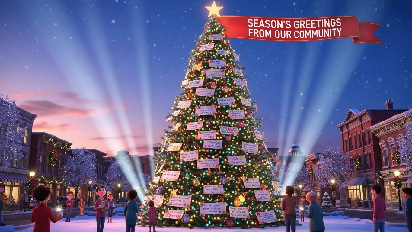 The community gathers around the Word Collector's Tree, celebrating shared hope and love illuminated by shimmering positive words.