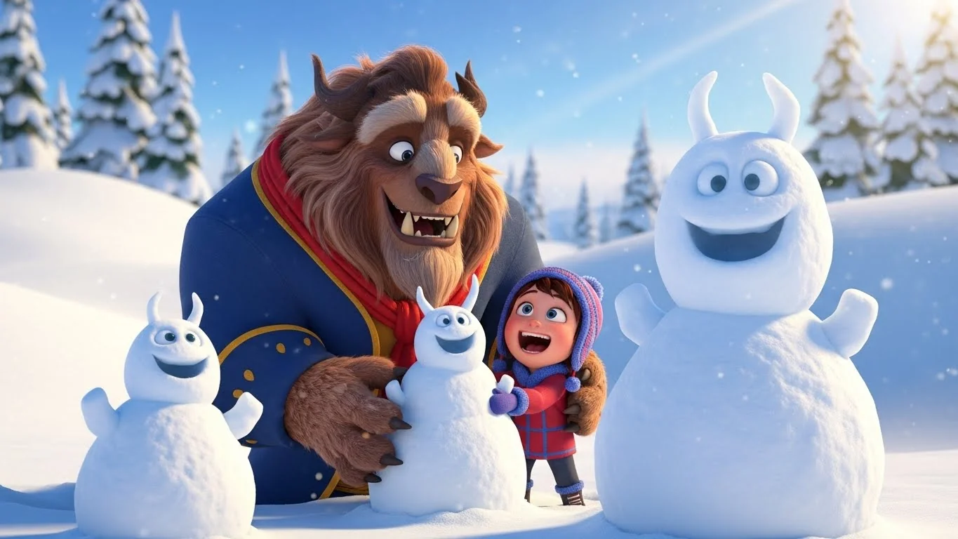 Beast and Dinner bond while building snow monsters.