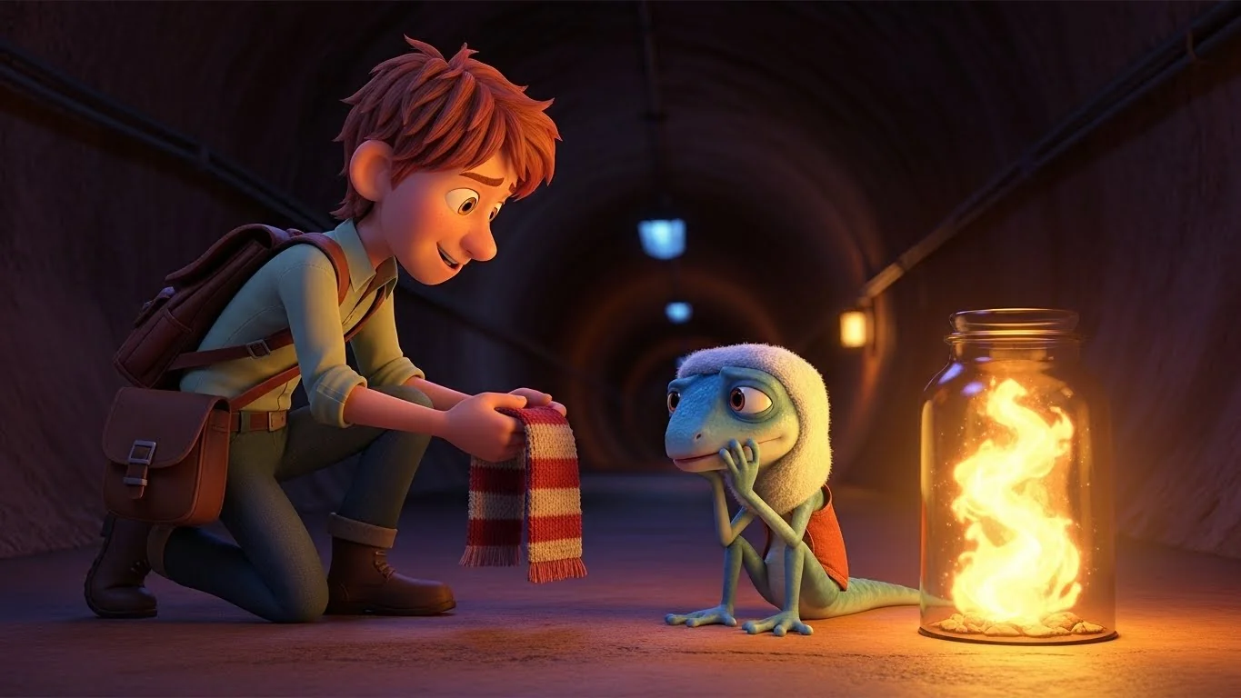 Mark gently comforts the tiny, shivering lizard who confessed to stealing the dragon's fire.