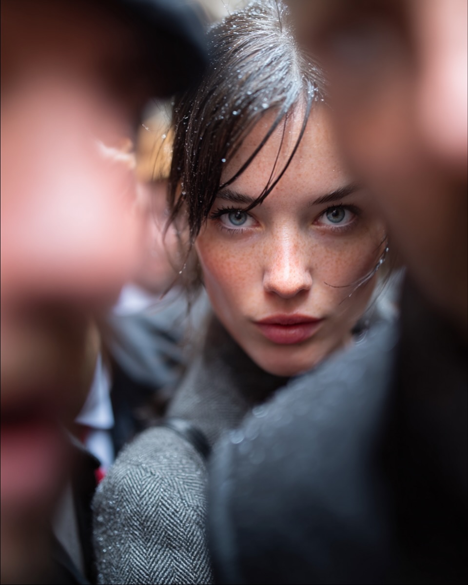 Model's eyes in focus with blurred foreground