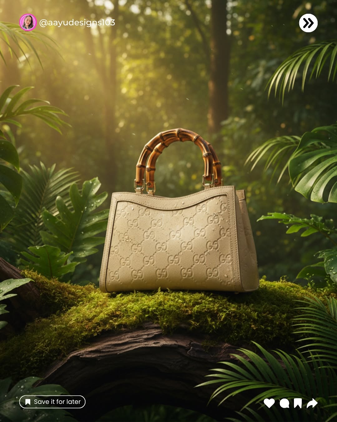 A beige Gucci-style bag with bamboo handles in a lush jungle setting