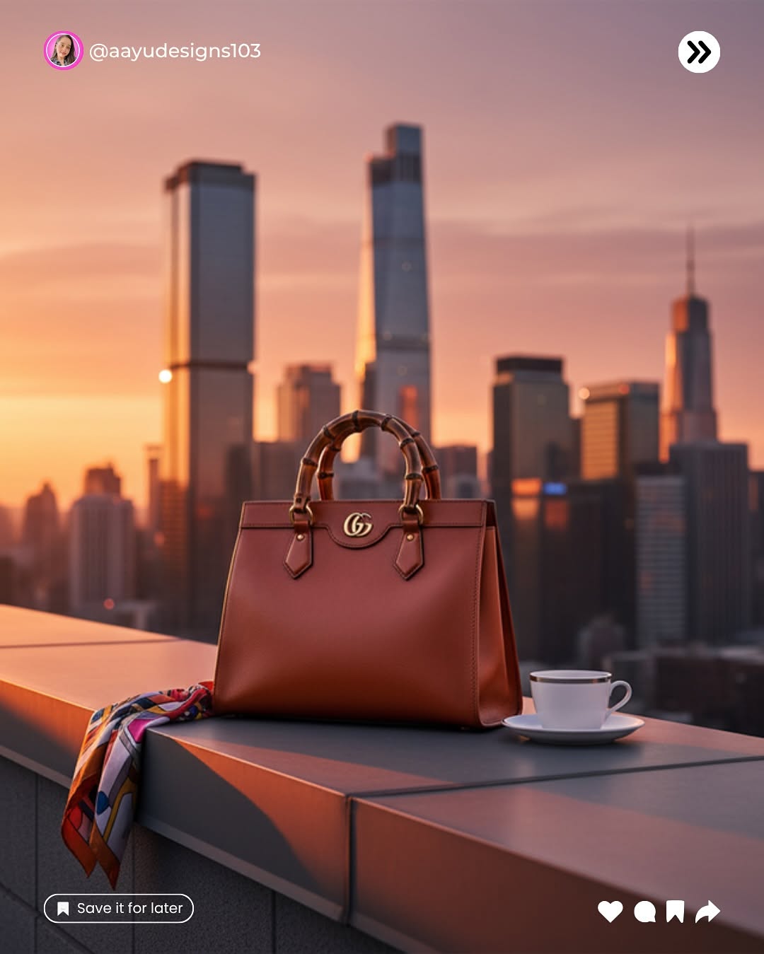 A brown luxury bag on an urban rooftop at sunset