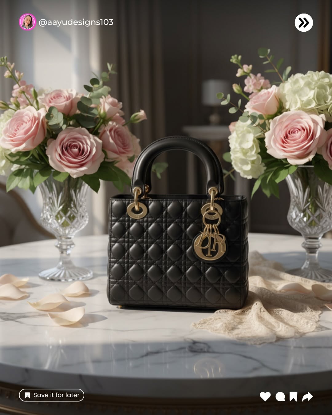 A Dior-style bag surrounded by soft pink roses