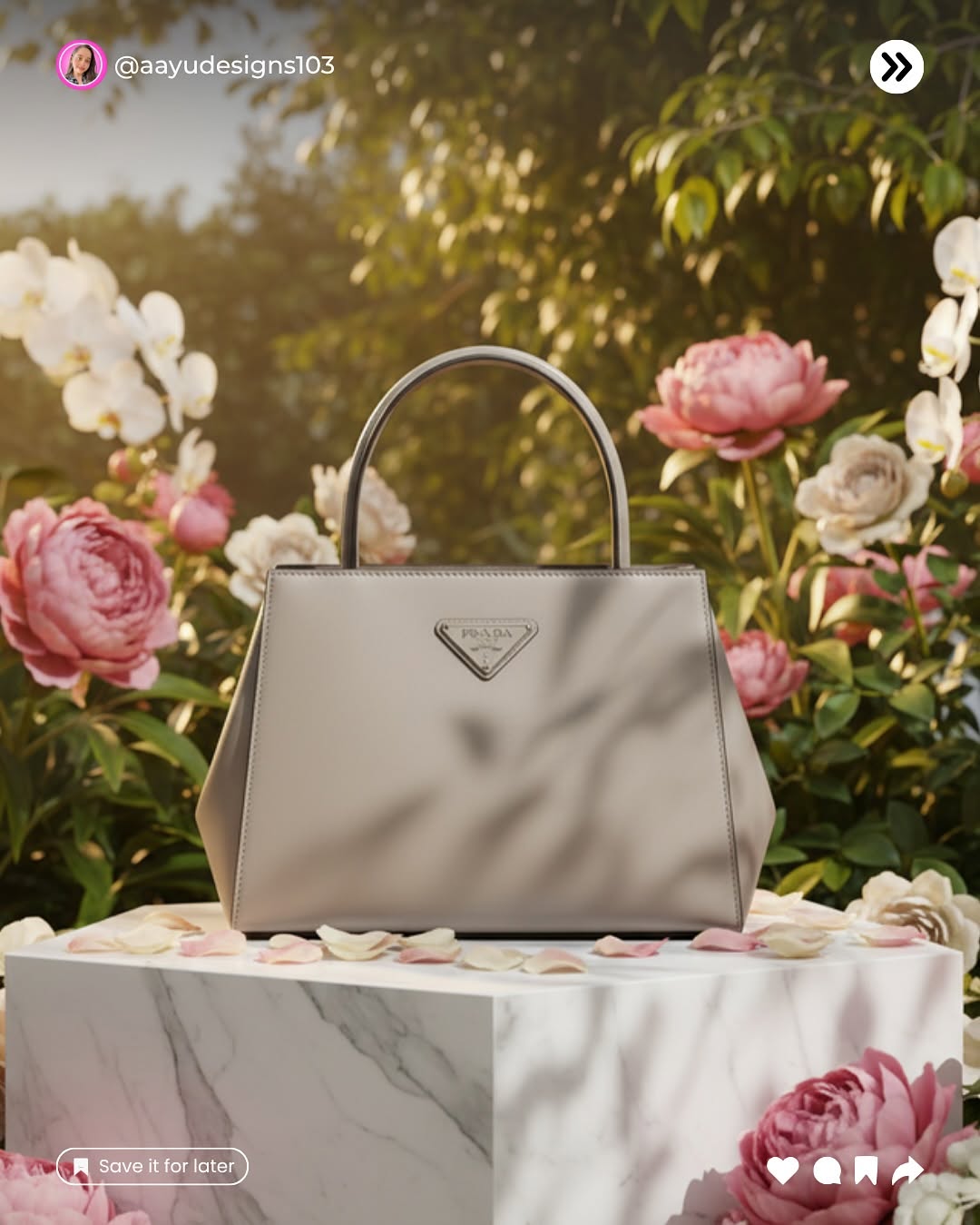 A Prada-style bag sitting on a white marble plinth