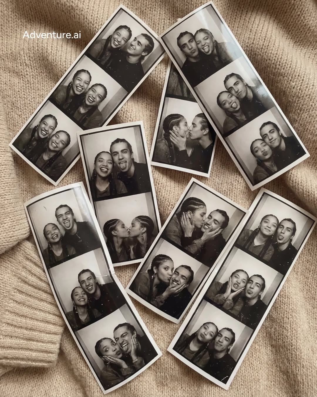 B&W photo booth strips on a sweater