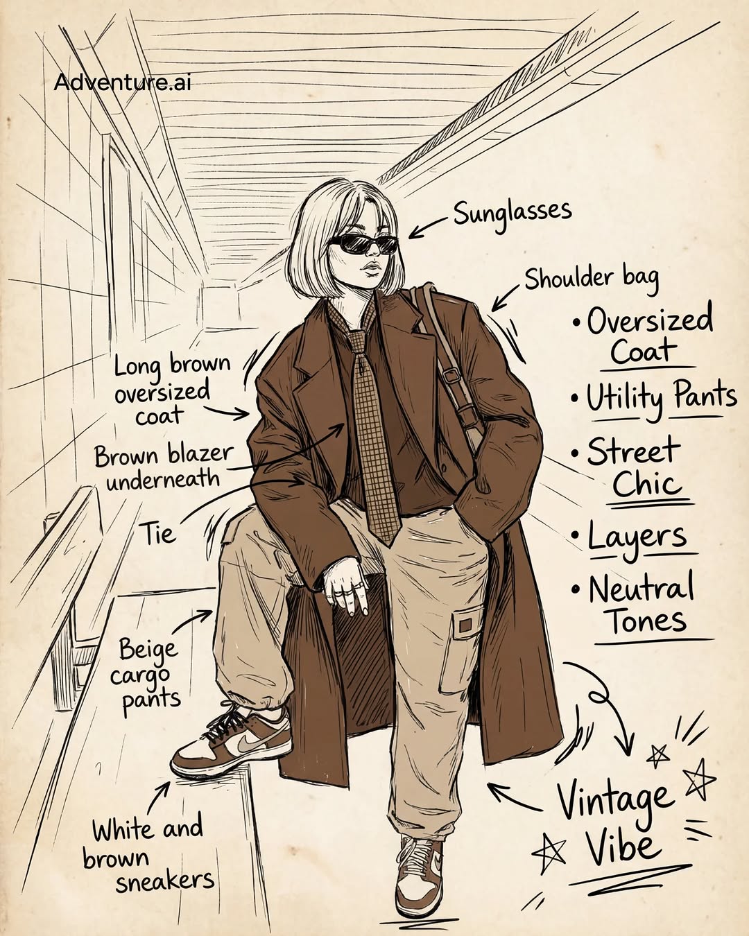 The finished fashion sketch with arrows and text labels