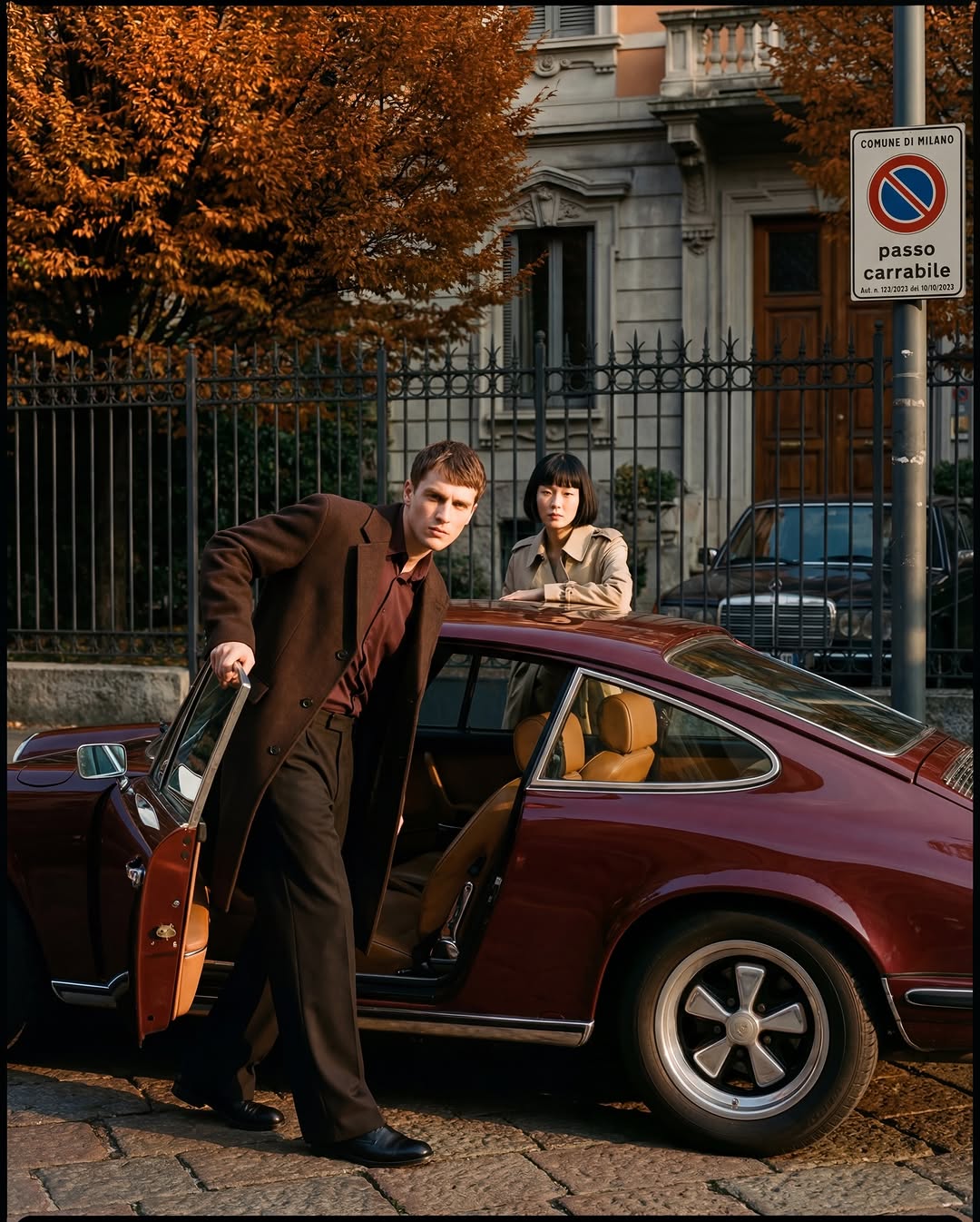 A man getting out of a vintage car in Milan with cinematic autumn lighting.