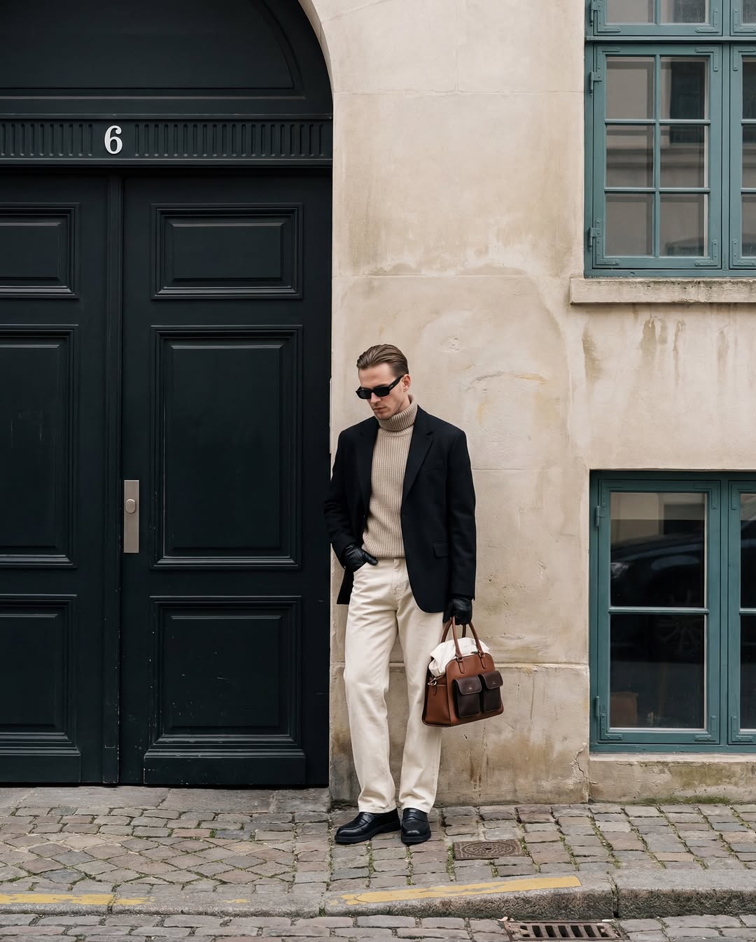 A man in a black blazer and beige turtleneck leaning against a city wall.