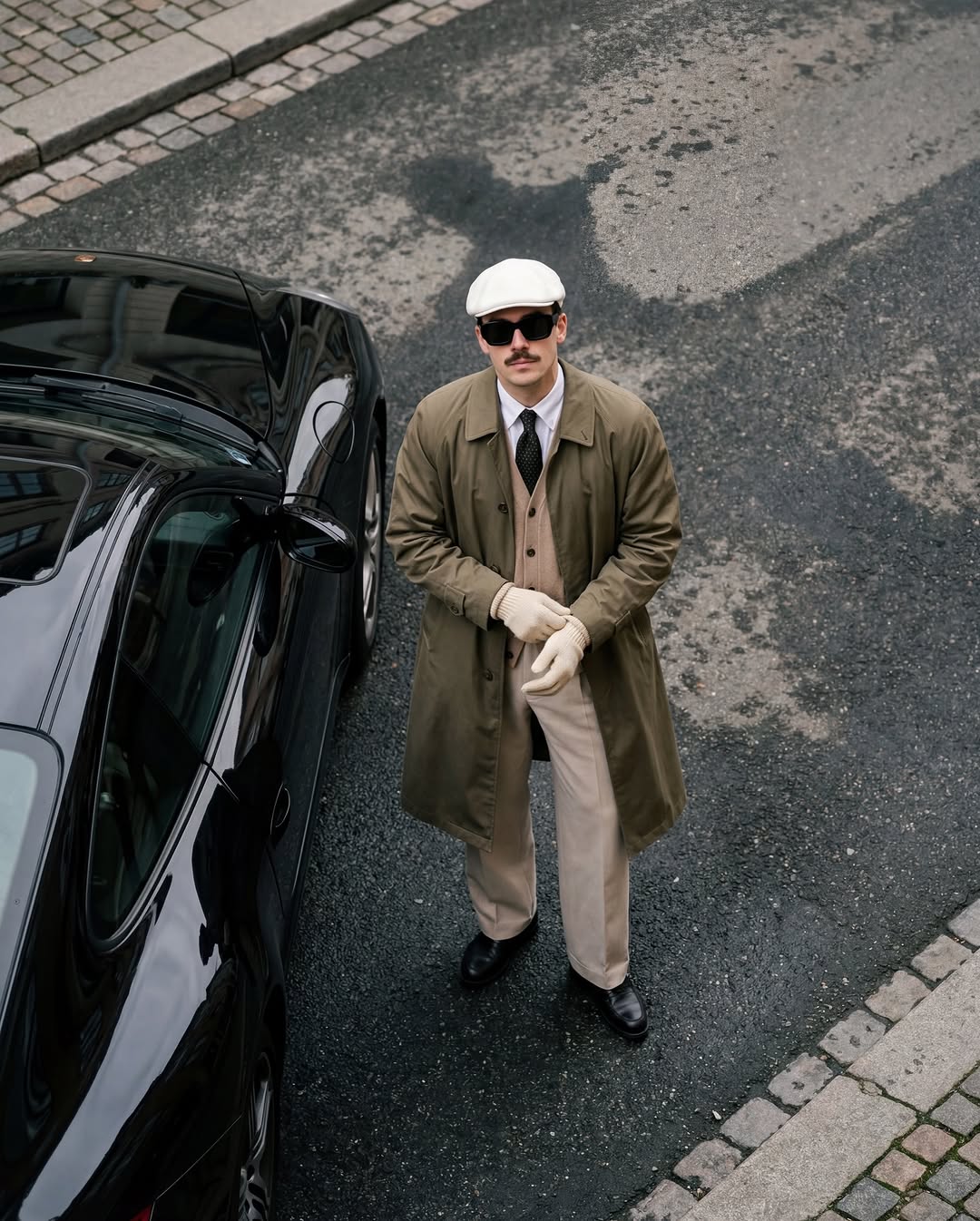 A man standing next to a black car from an overhead perspective.