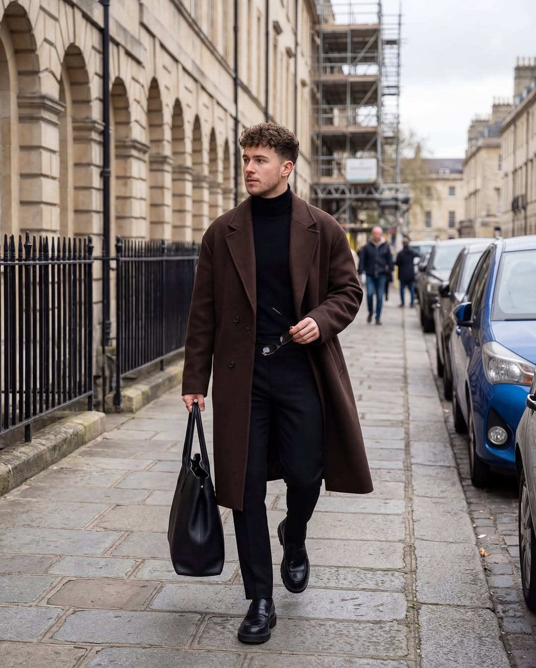 A man in a brown coat walking down a historic city street.