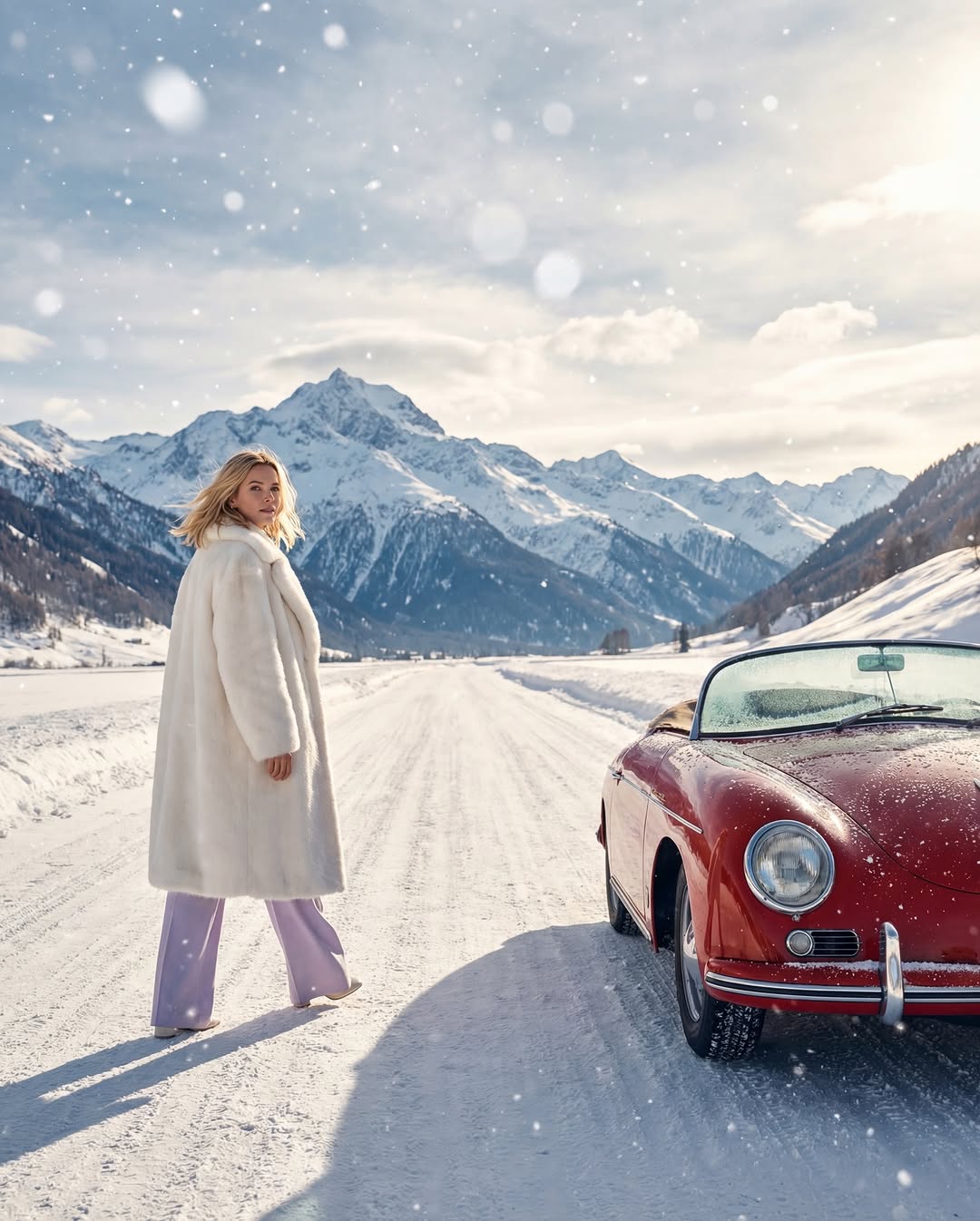 Wide shot of a woman in a white fur coat next to a red vintage car in the mountains.