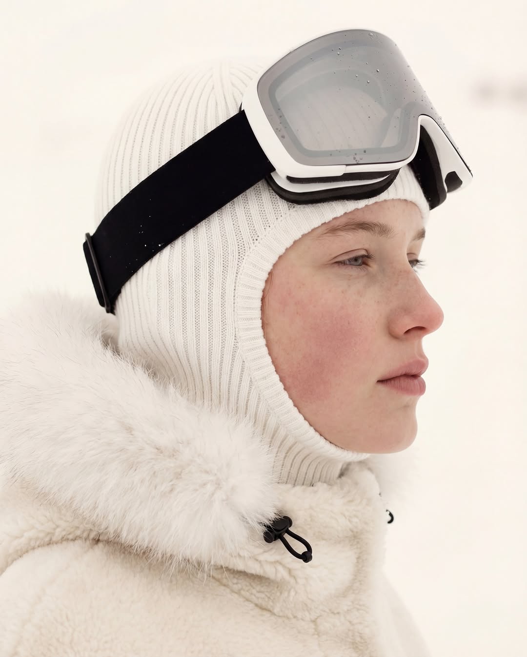 A woman modeling DIOR ski wear in front of snowy mountains.