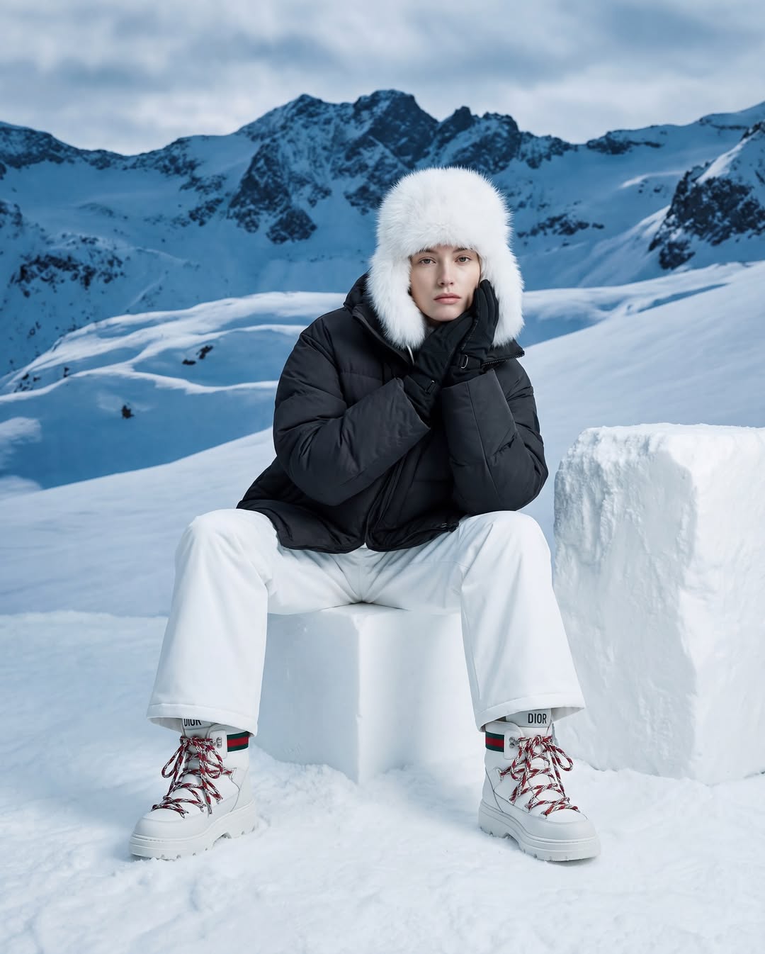 A woman in a puffy black jacket and white pants in a mountain setting.