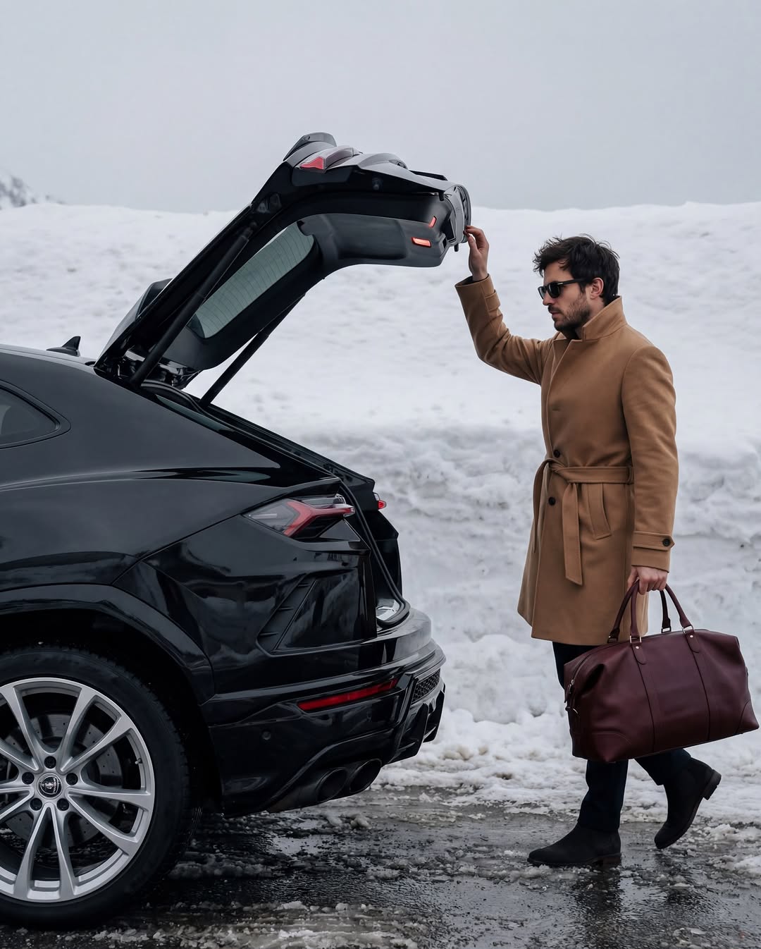 A man closing the trunk of a black supercar in a snowy environment.