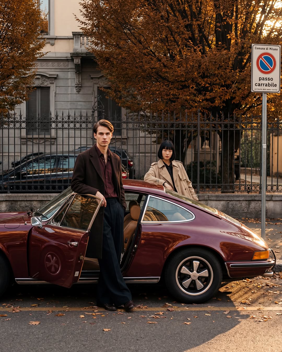 A high-fashion shot of two people with a vintage car on a Milan street.