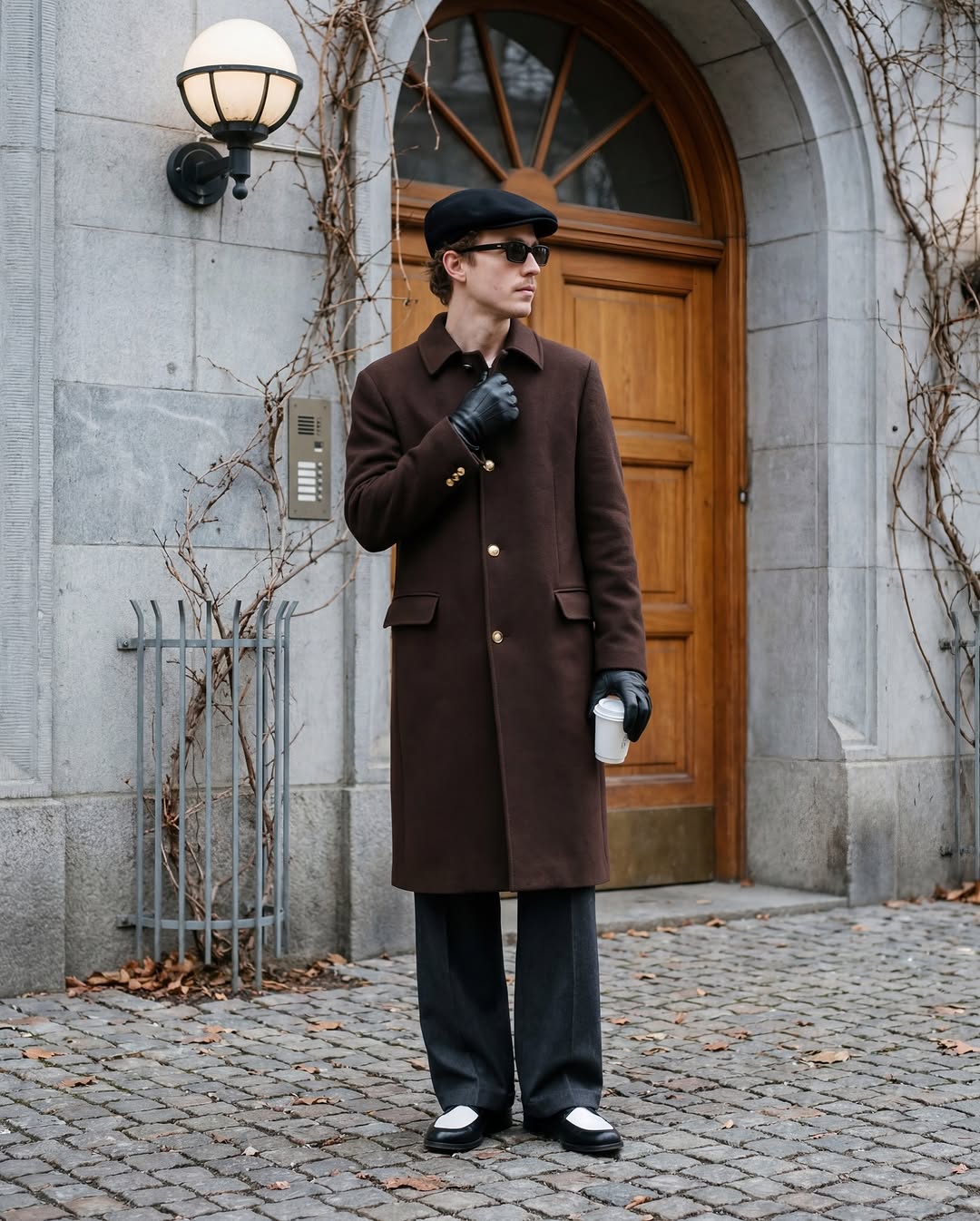A man in a dark brown wool overcoat and newsboy cap.