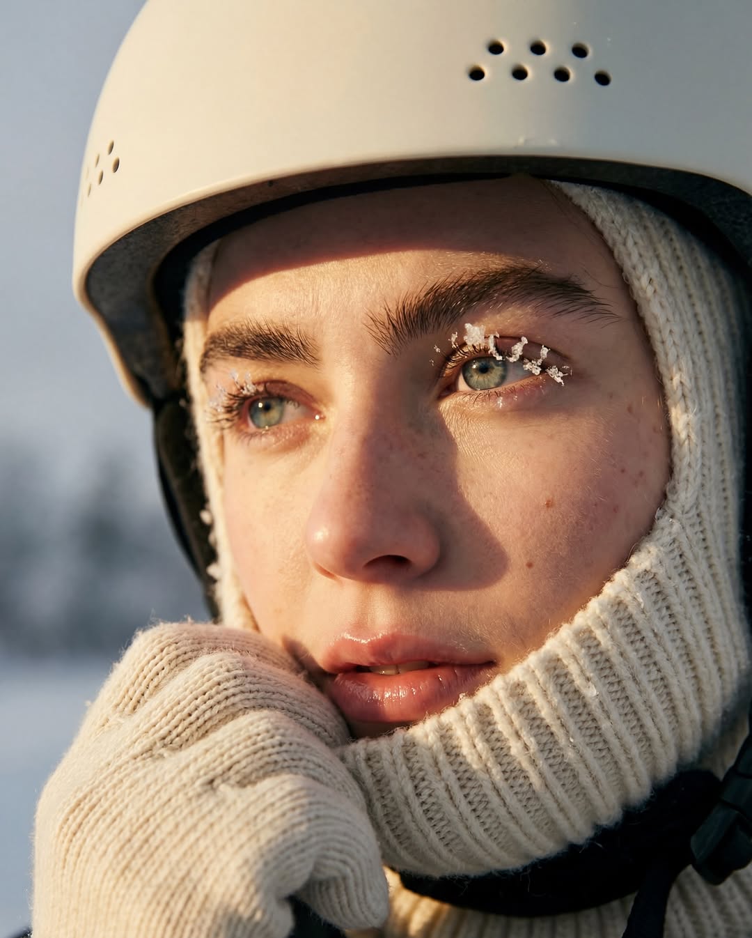 A cinematic close-up shot of a woman with frost-covered eyelashes.