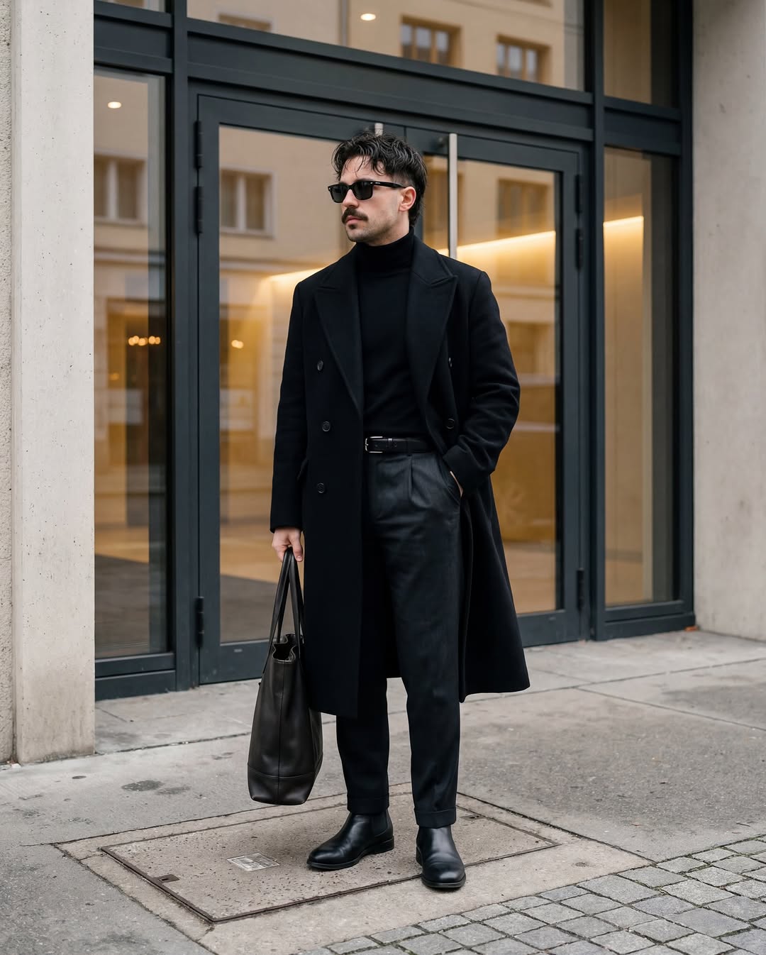 A man in a long black coat and turtleneck standing in front of a glass door.