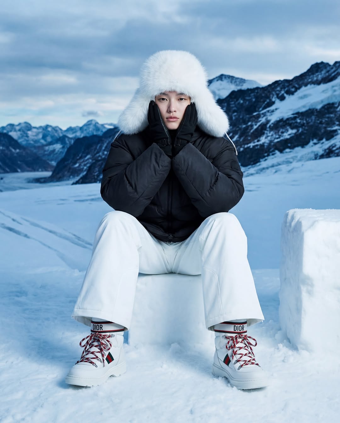 A Chinese female model in white Dior snow boots sitting on an ice block.
