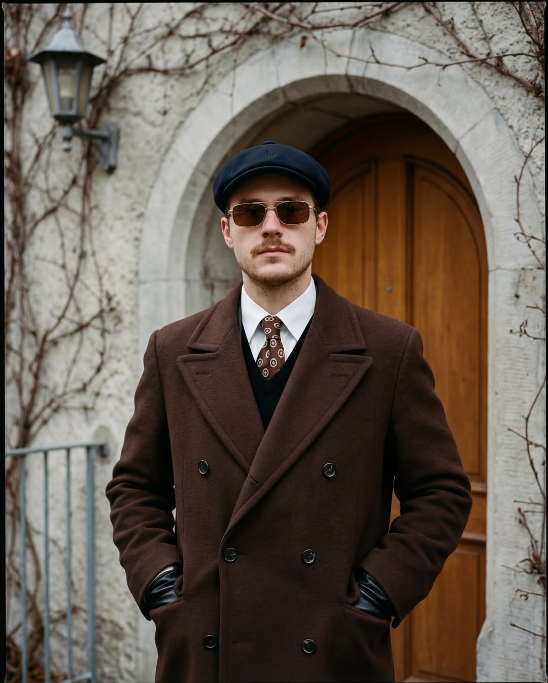 Close up portrait of a man in a double-breasted coat with shallow depth of field.