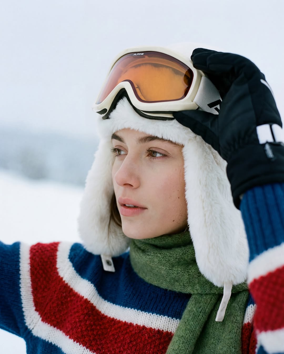 Editorial fashion of a woman in ski wear against a high-key snowy background.
