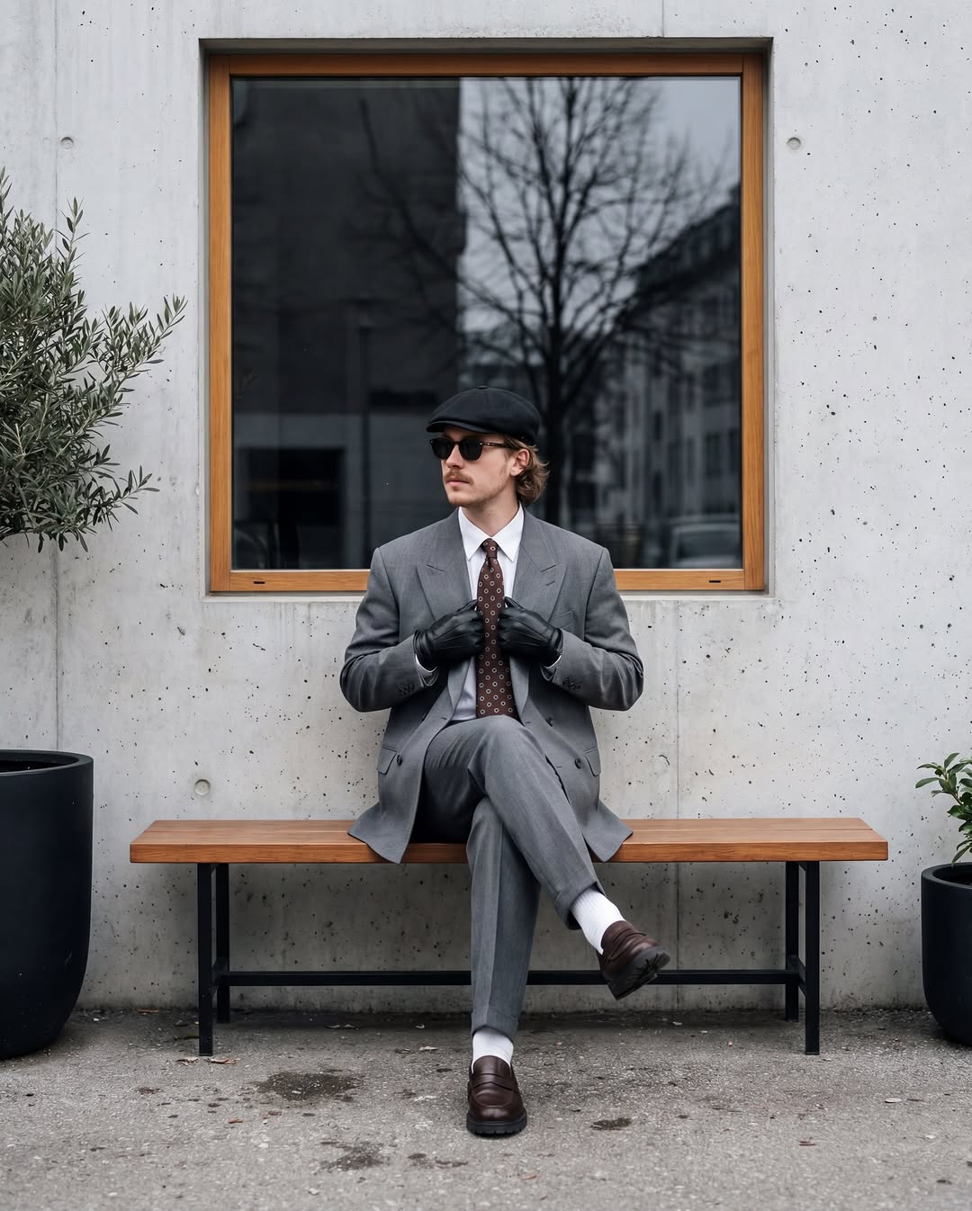 A man in a suit jacket sitting on a wooden bench.